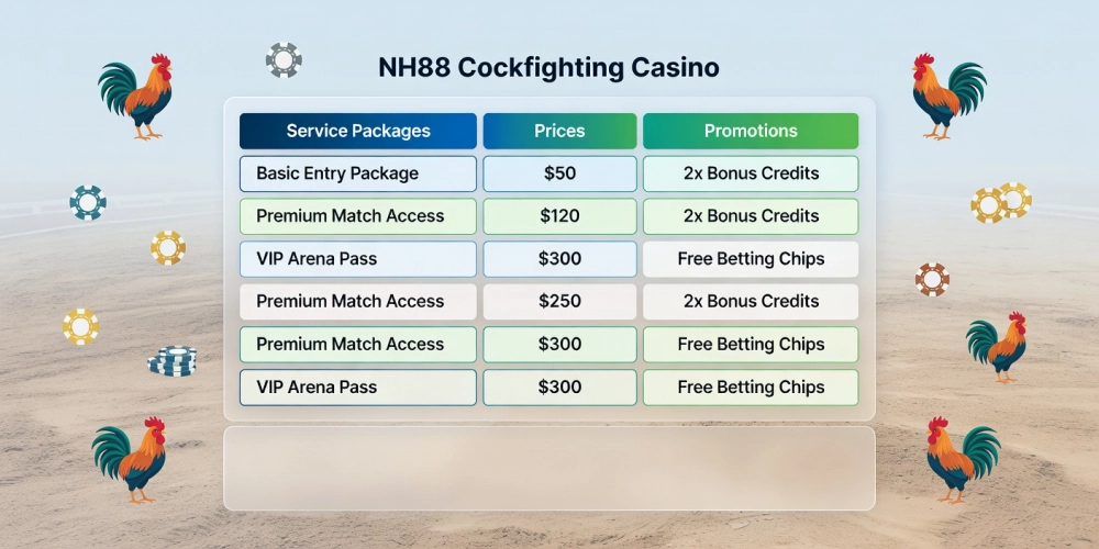 Bảng giá dịch vụ trực tiếp đá gà casino nh88 với các gói cược hấp dẫn và ưu đãi khuyến mãi nổi bật năm 2025