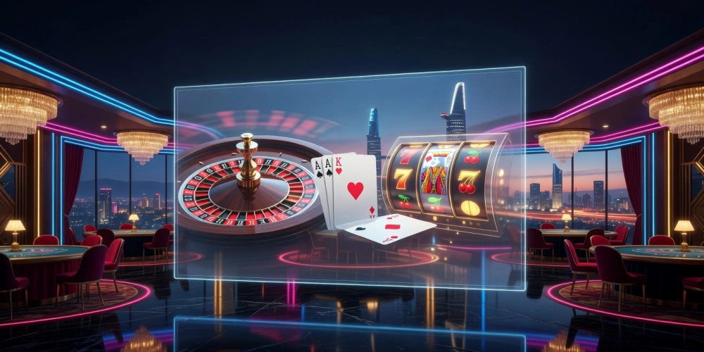 Minh họa khái niệm casino da nang nh88 với hình ảnh sòng bạc hiện đại và giao diện trực tuyến