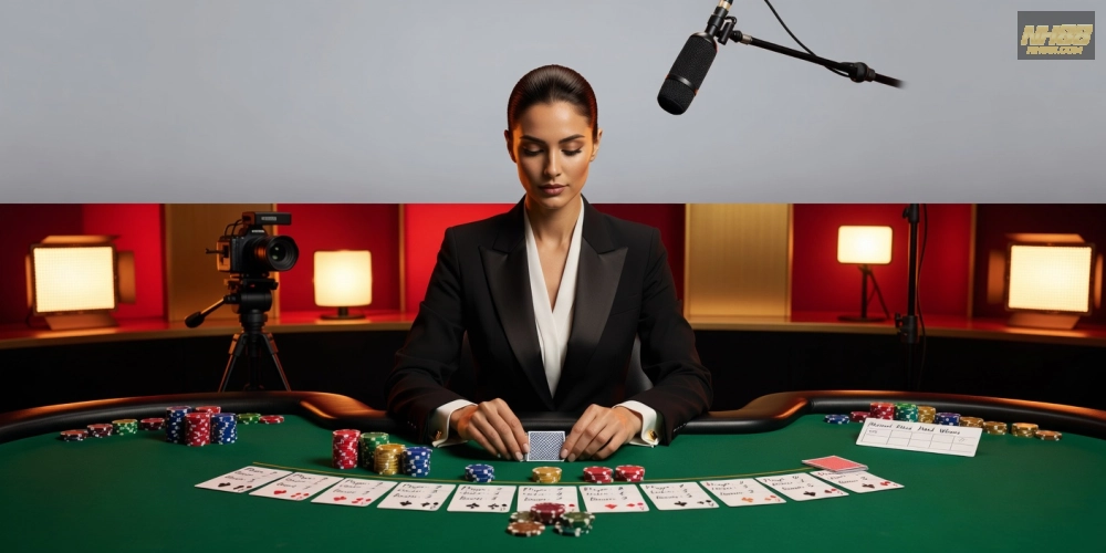 Minh họa khái niệm baccarat live casino nh88 với dealer chuyên nghiệp và bàn bài sang trọng