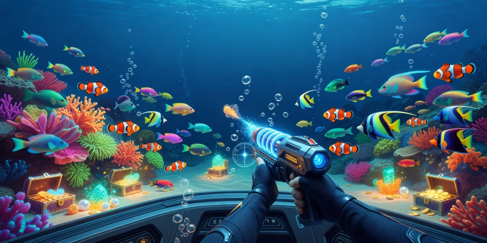 Minh họa khái niệm game bắn cá nh88 với hình ảnh đại dương sống động và các chú cá đa sắc màu