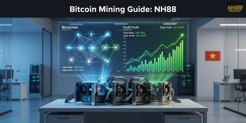 Minh họa khái niệm đào Bitcoin trên nền tảng NH88 với biểu đồ lợi nhuận