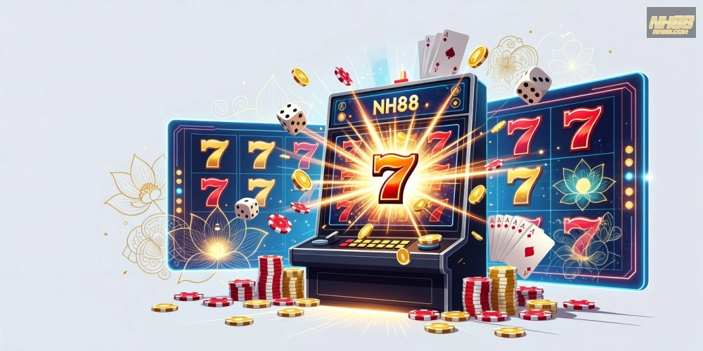 Minh họa khái niệm nổ hũ nh88 với hình ảnh slot machine jackpot bùng nổ
